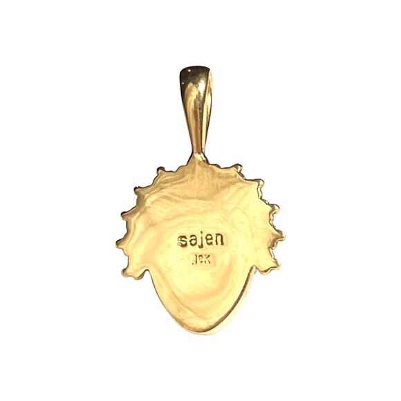 18K Gold SAJEN Goddess PENDANT Mother Of Pearl Carved Face Opal Gemstone Signed - Picture 3 of 7